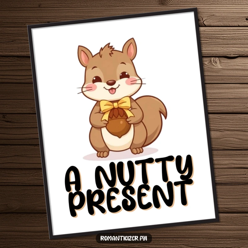 Funny squirrel digital art print of a cheerful squirrel presenting a ribbon-tied acorn, perfect for instant, heartwarming decor.