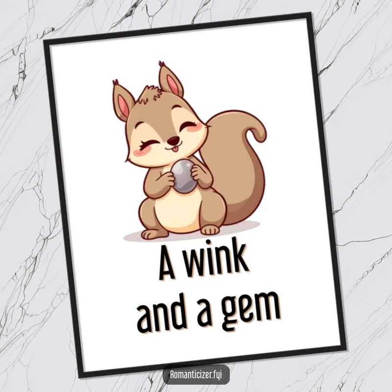 Funny digital art print of a mischievous squirrel winking and offering a shiny pebble, offering instant playful decor and humor.