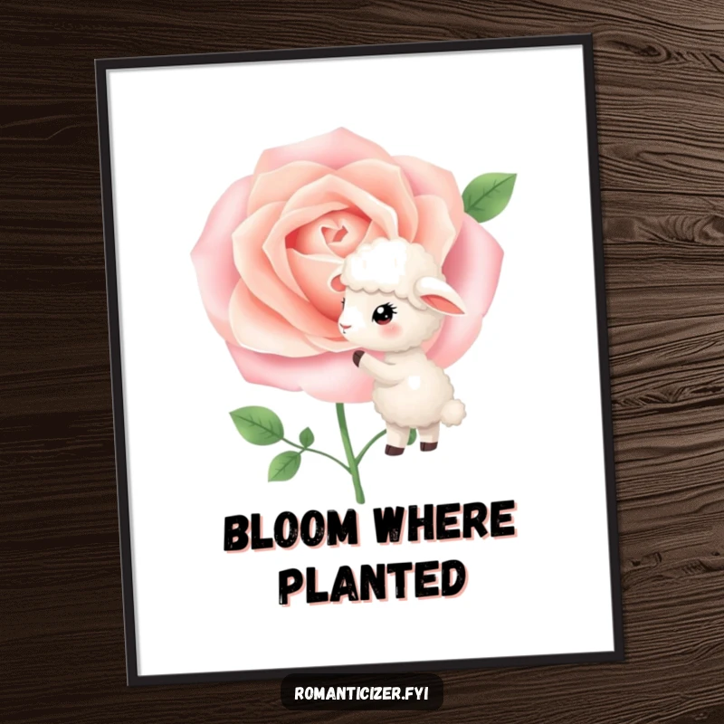 Funny Digital Art Print of a sheep whispering secrets to a blooming rose, capturing a moment of quiet beauty and humor.