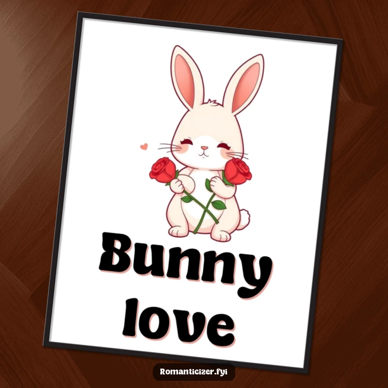 Funny digital art print of a cute bunny holding a single red rose, looking dreamy, for romantic and humorous decor.