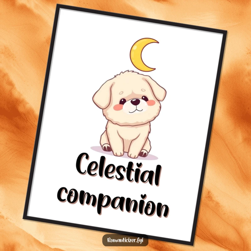 Funny dog moon digital art print of a fluffy dog gazing adoringly at a crescent moon. Whimsical and humorous wall art.