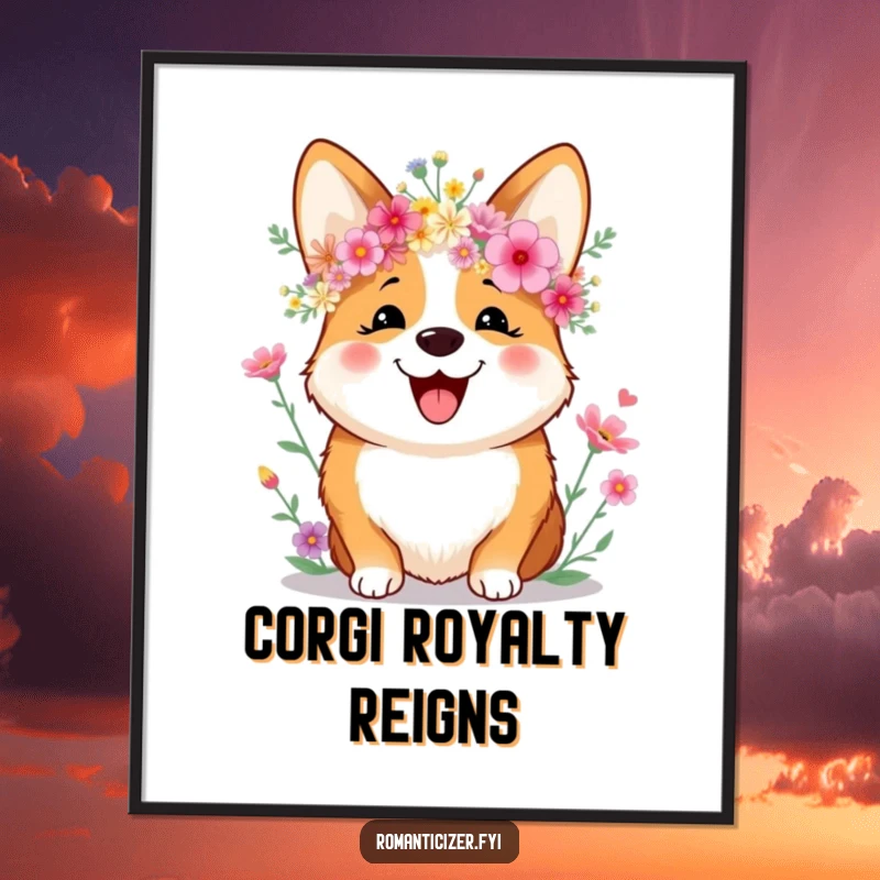 Funny Digital Art Print of a joyful corgi wearing a crown of wildflowers and smiling sweetly, perfect for cute and humorous decor.