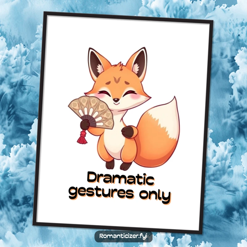 Funny fox digital art print of a playful fox holding a large fan and gesturing dramatically, embodying theatrical charm.
