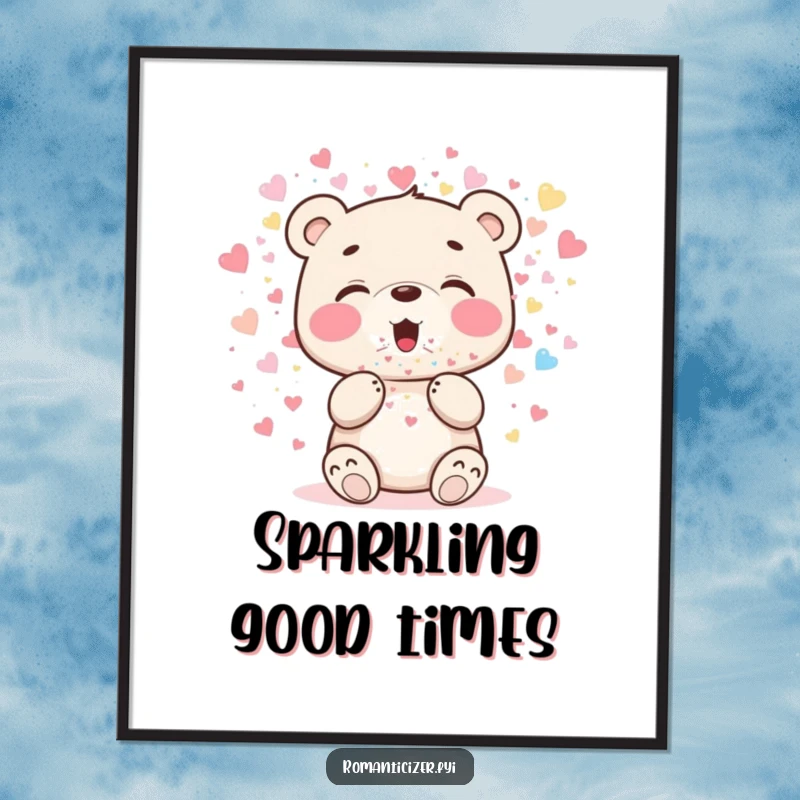 Funny bear cub digital art print of a cheerful cub blowing sparkling heart confetti, symbolizing joy and celebration.