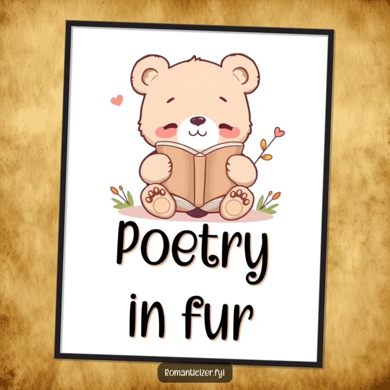 Funny digital art print of a bear cub smiling while reading a poetry book, offering instant literary-themed decor and humor.