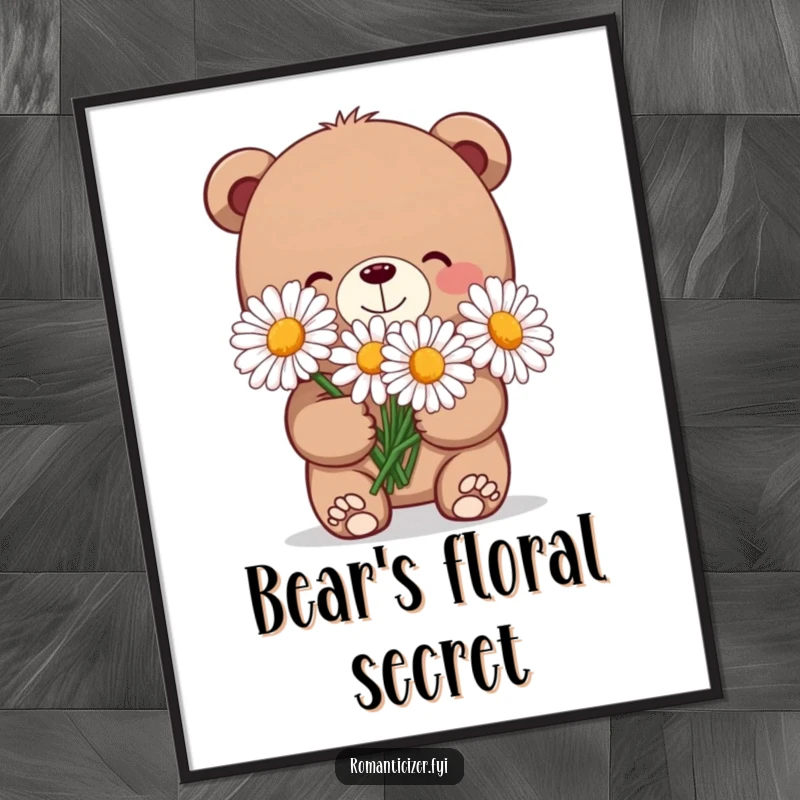 Funny digital art print of a charming bear with a shy grin, holding a bouquet of oversized daisies, evoking tenderness.