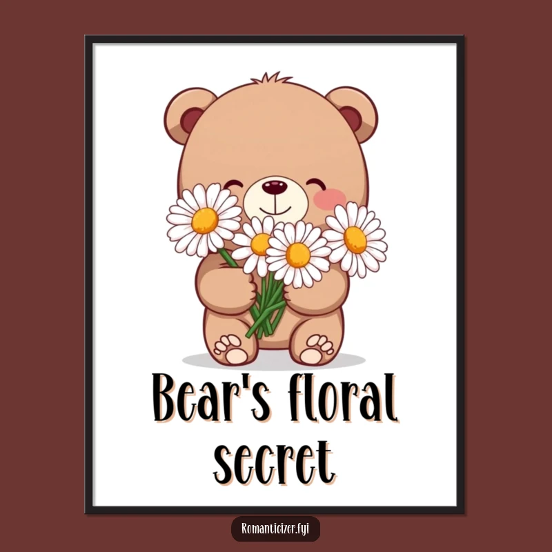 Funny Bear Daisy Art Print: Shy Grin Art, Humorous Digital Floral Gift
