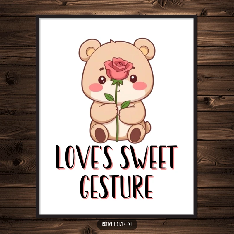 Funny digital art print of a small bear with a dreamy expression, offering a single perfect red rose.