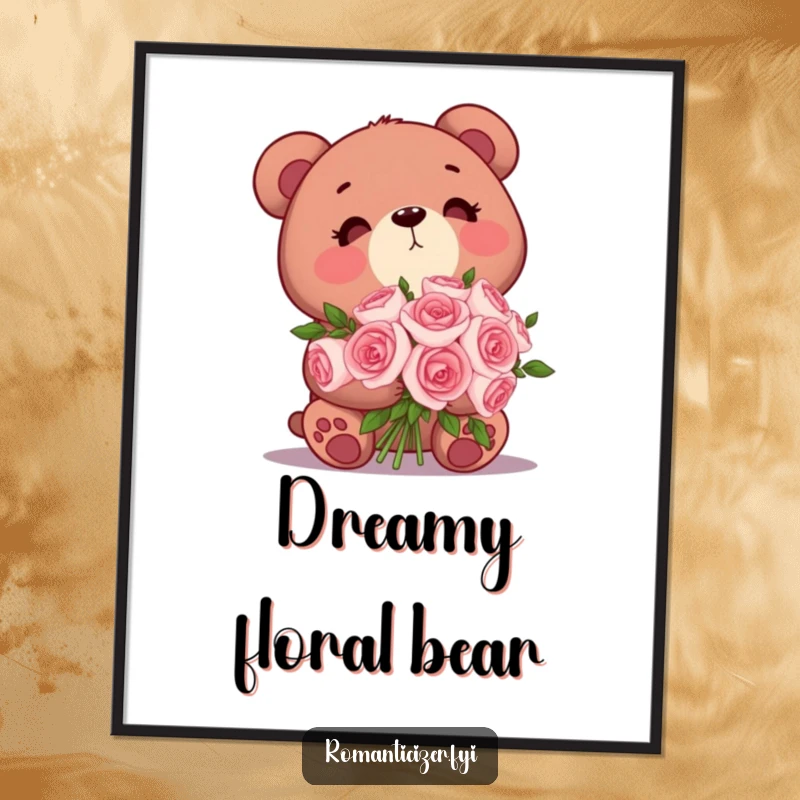 Funny Bear Digital Art Print: A cute bear holding roses looks dreamily upwards, a sweet and romantic piece.