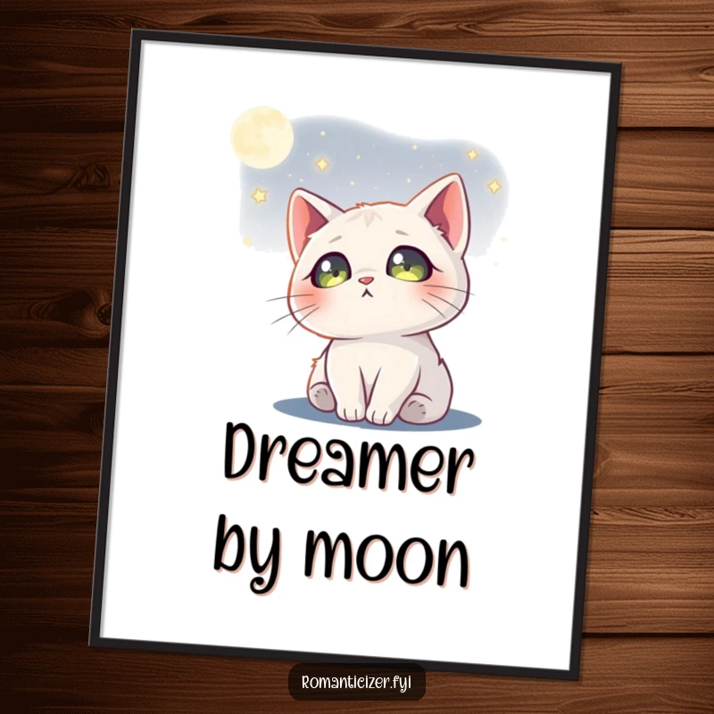 Funny cat moon digital art print featuring a dreamy cat gazing at the moon with stars in its eyes, evoking wonder.