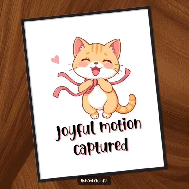Funny cat digital art print of a playful cat joyfully twirling with a ribbon, a happy sigh escaping. Instant whimsical wall decor.