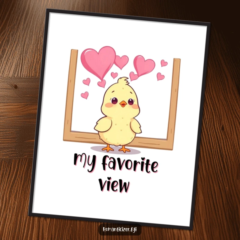 Funny chick digital art print of a bird gazing at heart art, conveying pure artistic joy humorously. Instant cute gift.