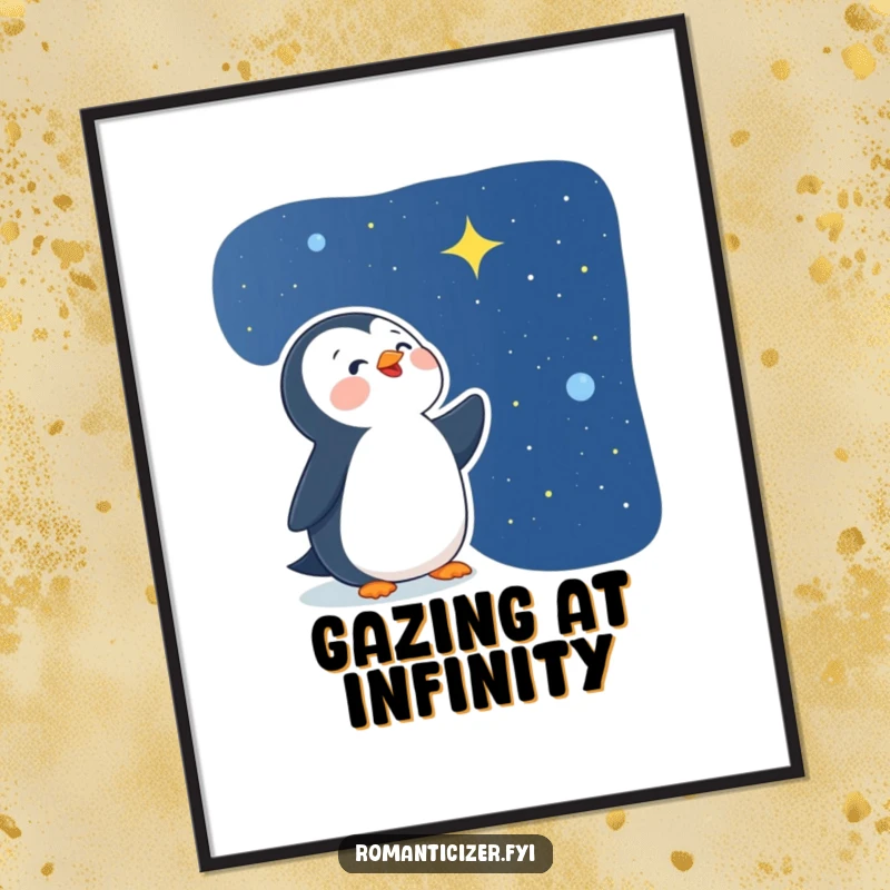 Funny delighted penguin digital art print of a happy bird looking at a starry night sky, conveying wonder and magic for instant decor.