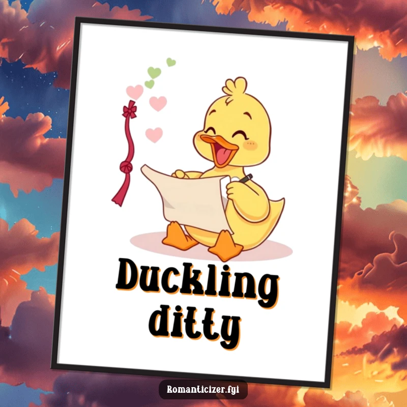 Funny digital art print of a delighted duckling writing a love poem on a scroll, for romantic and humorous decor.