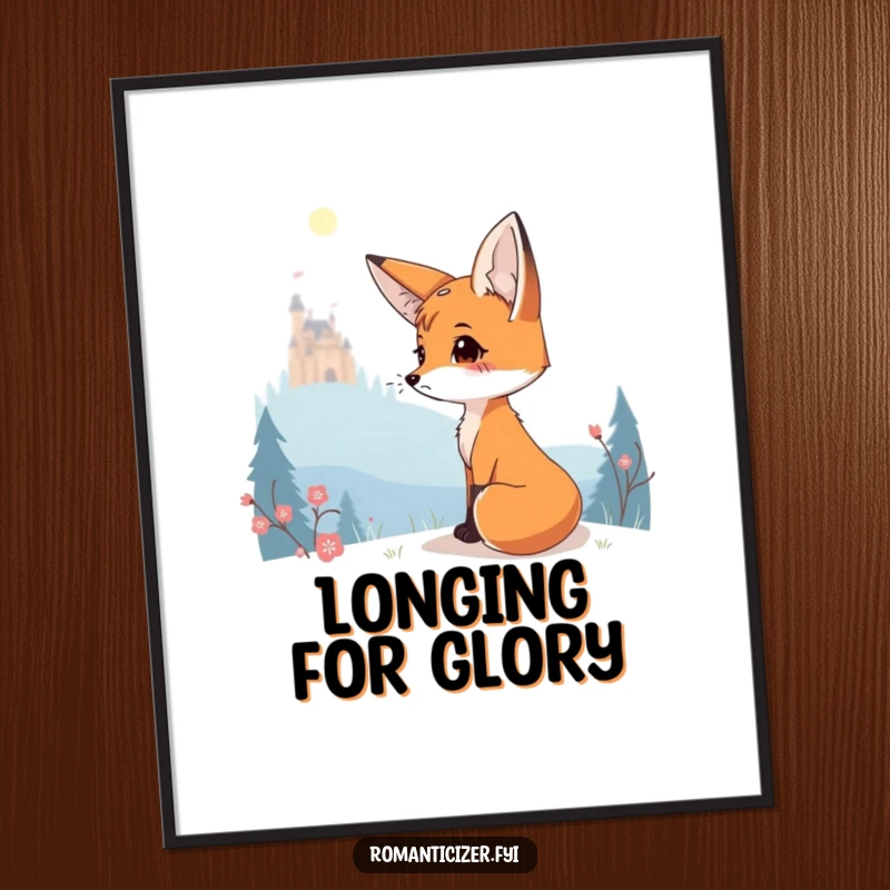 Funny digital art print of a charming fox gazing wistfully at a far-off, luminous castle.