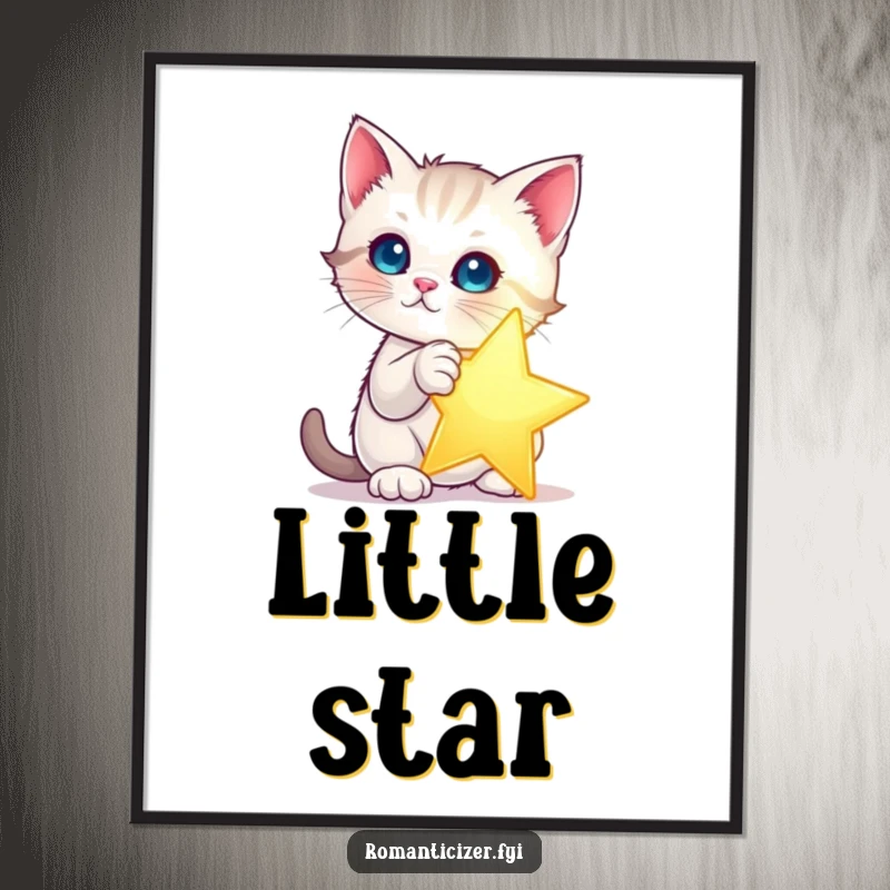 Funny kitten star digital art print of a kitten dramatically posing with a single, glowing star. Whimsical and humorous wall art.