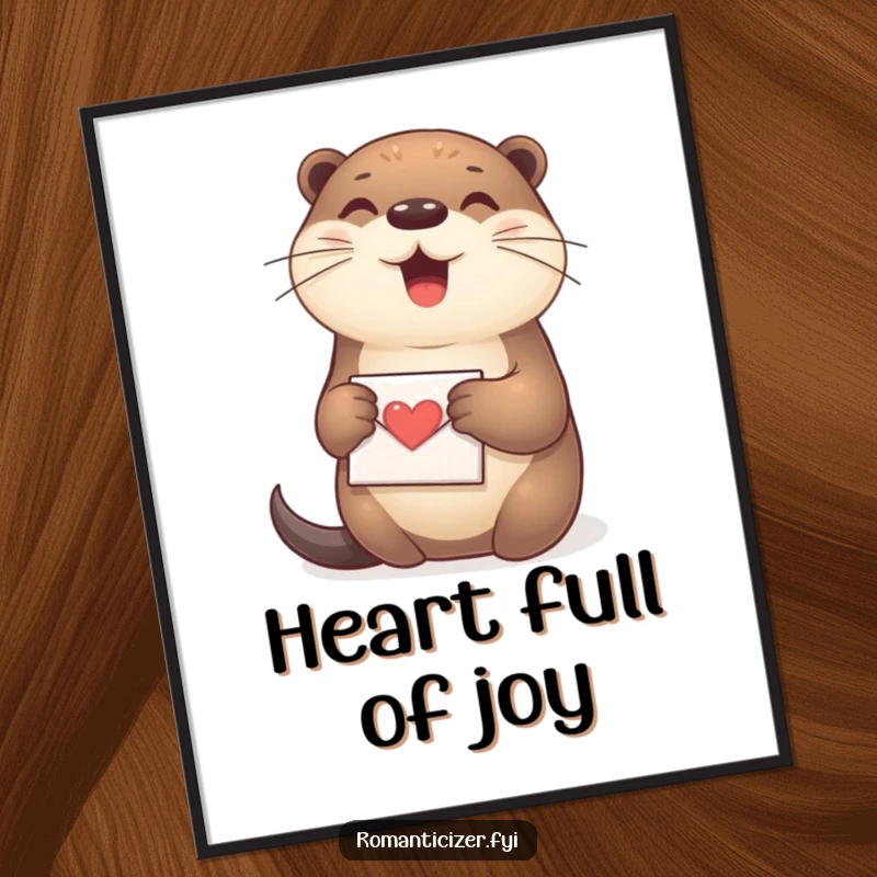 Funny Otter Digital Art Print of a happy otter tenderly holding a tiny love letter, radiating pure affection.