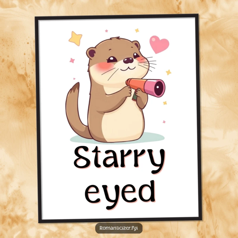 Funny digital art print, an otter humorously gazing at stars through a heart-shaped telescope, depicting charming cosmic wonder.