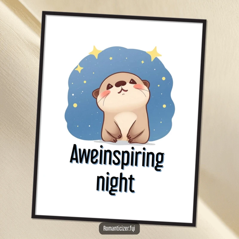 Funny otter digital art print of a giggling creature marveling at a starry night sky, conveying humorous wonder. Instant cute gift.