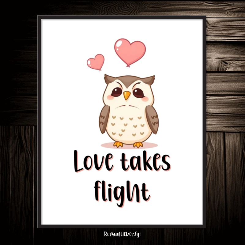 Funny digital art print of a content owl watching two heart shapes float upwards, an ethereal and heartwarming scene.