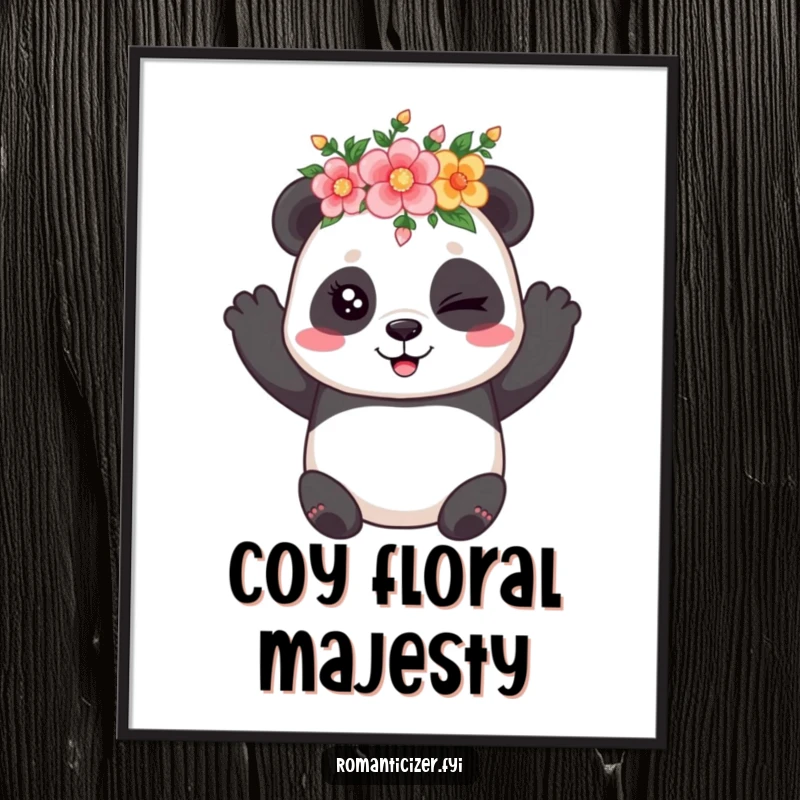 Funny digital art print of a playful panda wearing a flower crown and winking coyly, exuding charm and cheerfulness.