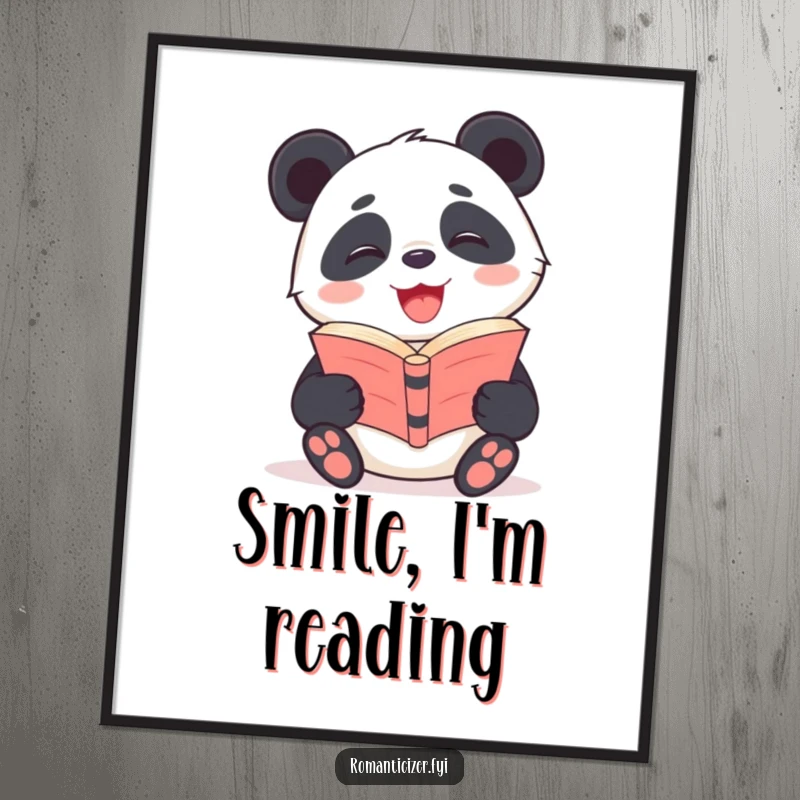 Funny Panda Digital Art Print of a giggling panda with a radiant smile, engrossed in a poetry book.