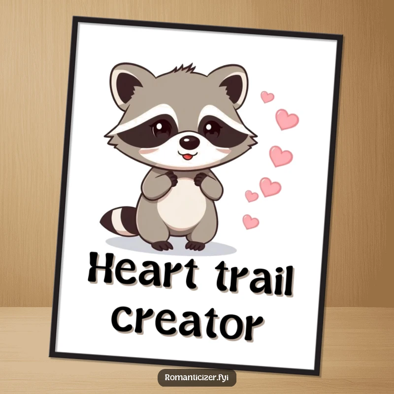 Funny raccoon digital art print of a raccoon leaving a trail of sparkling hearts, a funny and charming download.