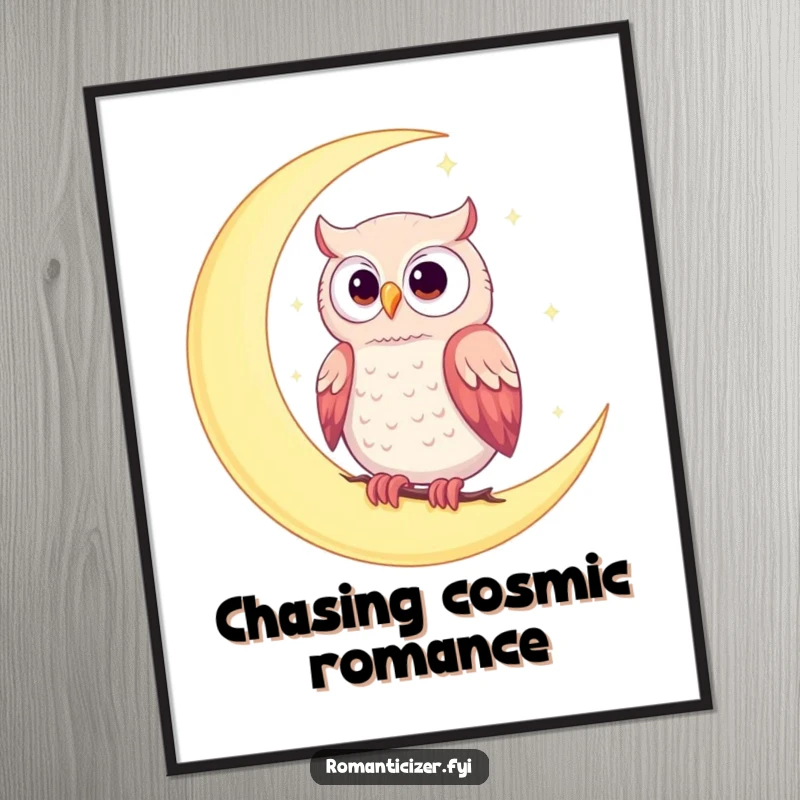 Funny digital art print of a romantic owl perched on a crescent moon against a starry backdrop, embodying whimsical celestial love.
