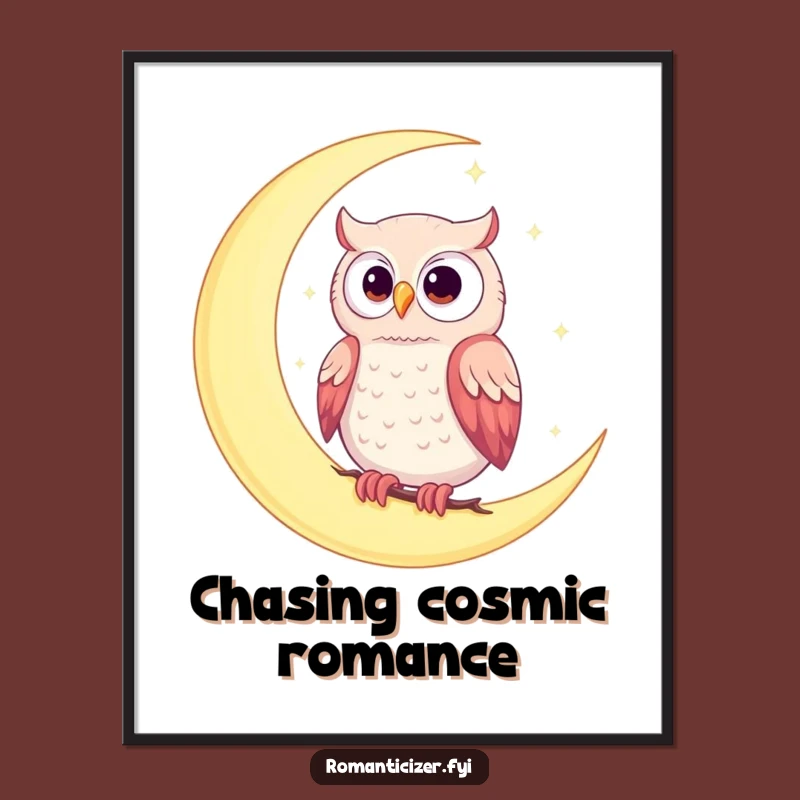 Funny Romantic Owl Moon Digital Art Print - Whimsical Celestial Art