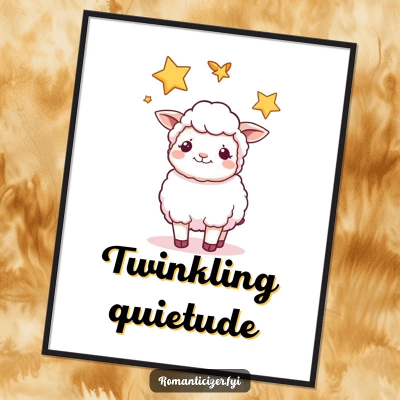 Funny sheep digital art print of a content sheep gazing at two intertwined stars, perfect for instant, peaceful decor.