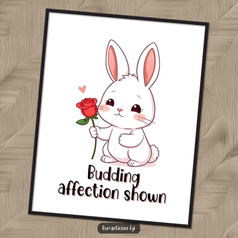 Funny Shy Rabbit Rose Digital Art Print: A shy rabbit offers a red rose with a hopeful blush, sweet and romantic.