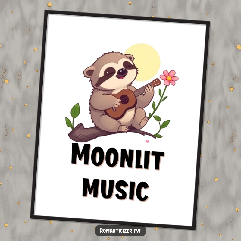 Funny digital art print, a sloth humorously playing a guitar to serenade a flower under the moon, depicting calm musical charm.