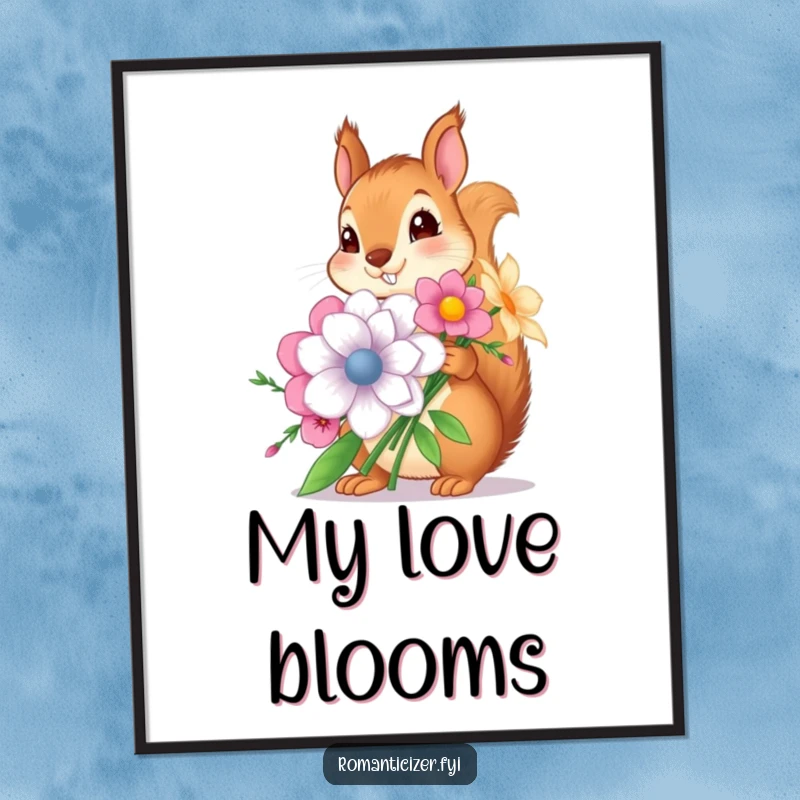 Funny digital art print of a squirrel presenting a huge bouquet of flowers, perfect for wall decor, a memorable funny gift.