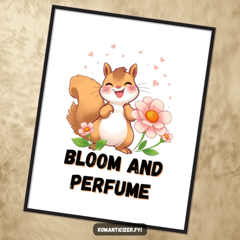 Funny Squirrel Digital Art Print of a joyful squirrel showering a flower with sweet-smelling perfume, full of nature's beauty.