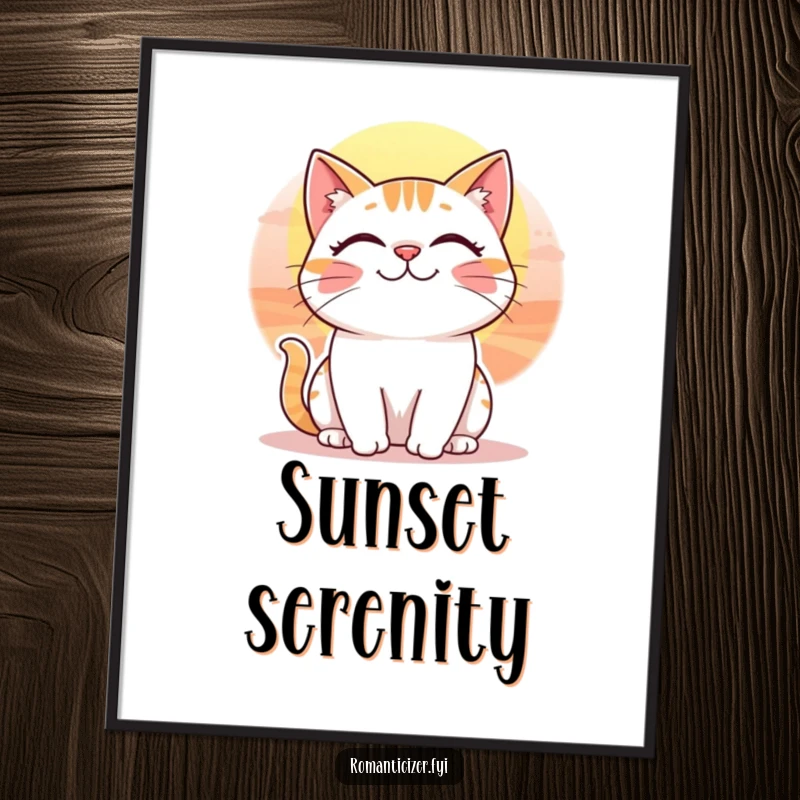 Funny digital art print of a cheerful cat with a whimsical smile gazing at a beautiful sunset.