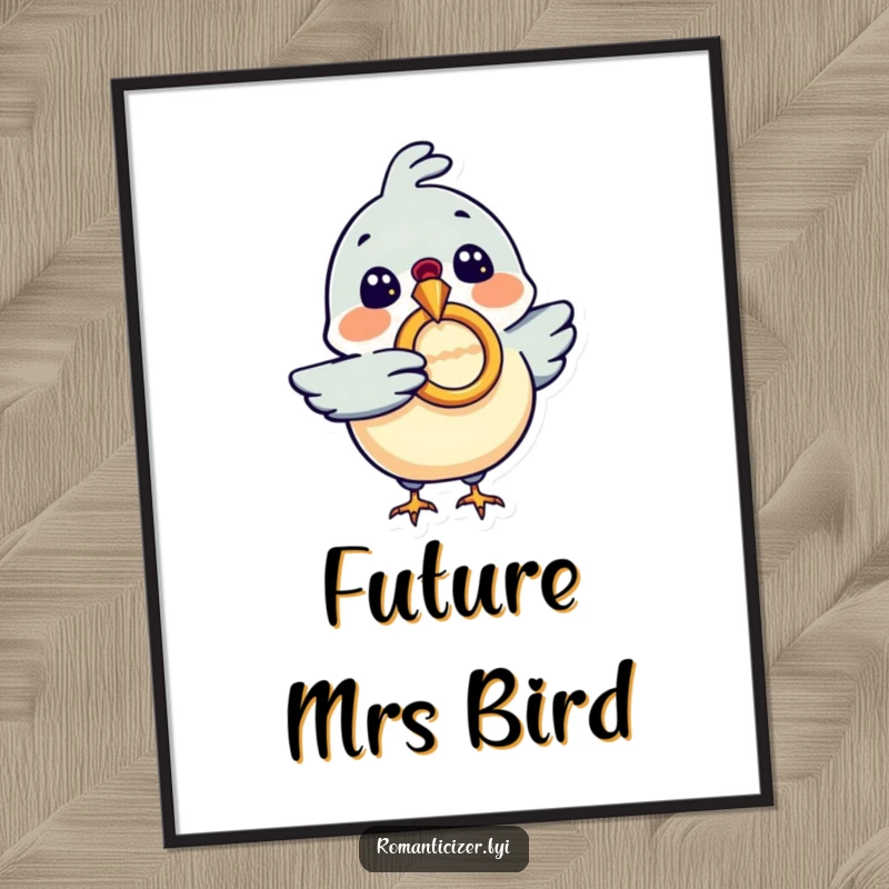 Funny digital art print of an excited bird holding a diamond ring, perfect for wall decor, a memorable funny gift.