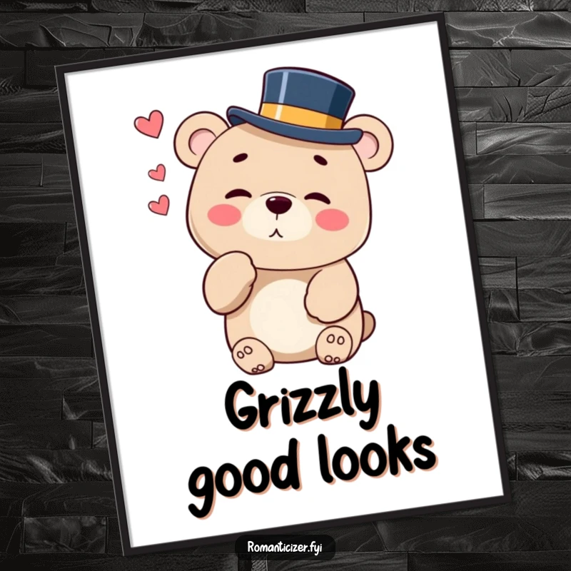 Funny digital art print of a bear in a top hat blowing a kiss with a playful wink, full of charm.