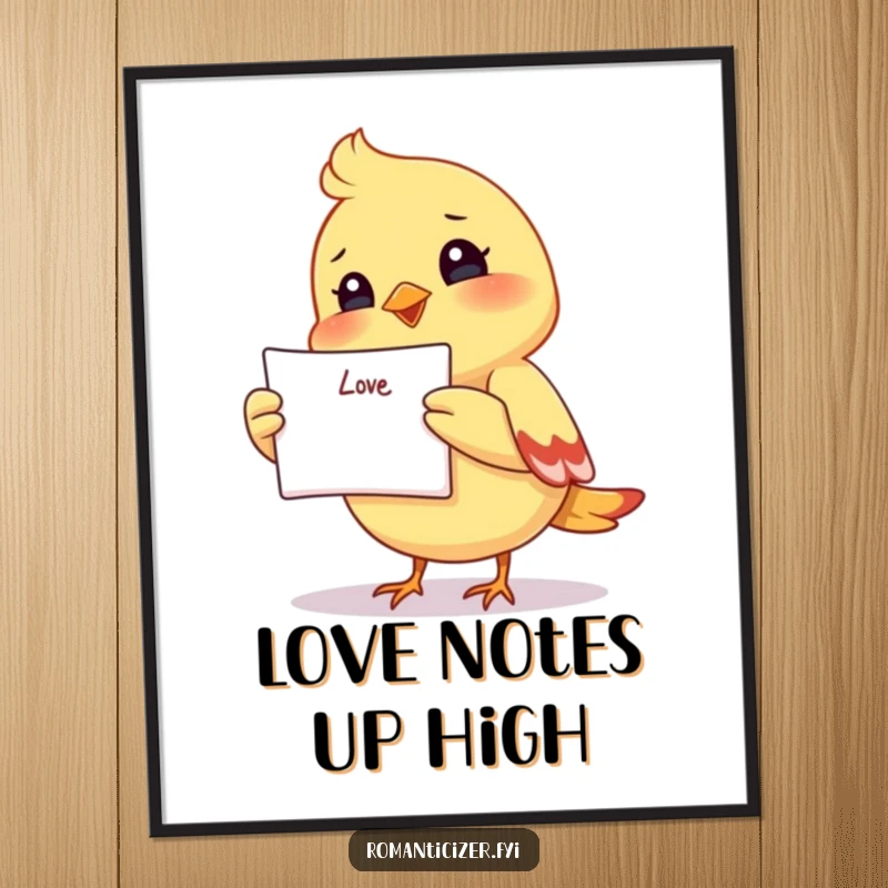 Funny digital art print of a smiling small bird holding a love letter high, spreading joy and love digitally.