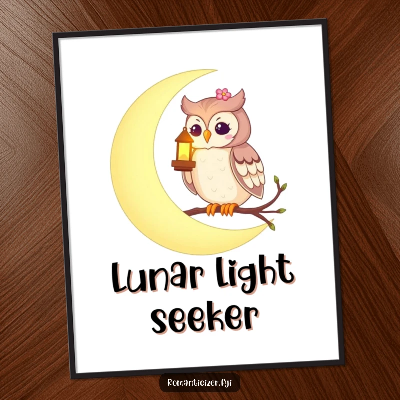 Funny digital art print of a romantic owl on a crescent moon, holding a glowing lantern, creating a magical and enchanting atmosphere.