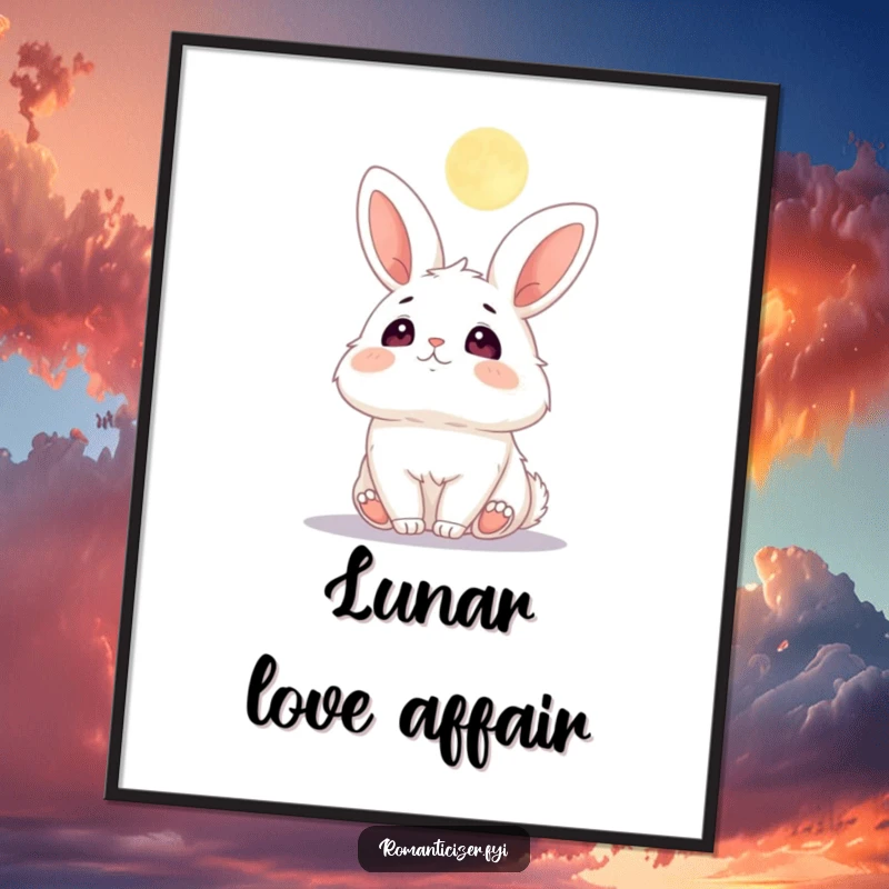 Funny digital art print of a fluffy bunny with wide, adoring eyes looking up at a glowing moon.