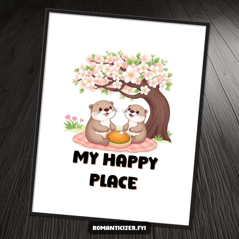 Funny cheerful otter digital art print of a happy animal having a picnic under a blooming tree, conveying joy and charm for instant decor.