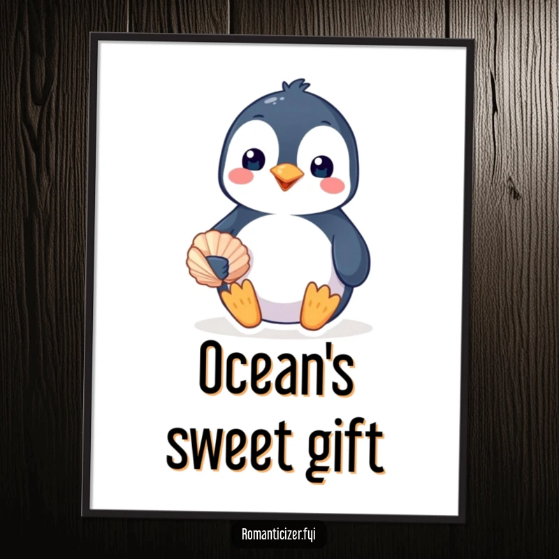 Funny penguin digital art print of a happy bird offering a seashell with a loving smile, conveying sweet, humorous affection. Instant cute gift.
