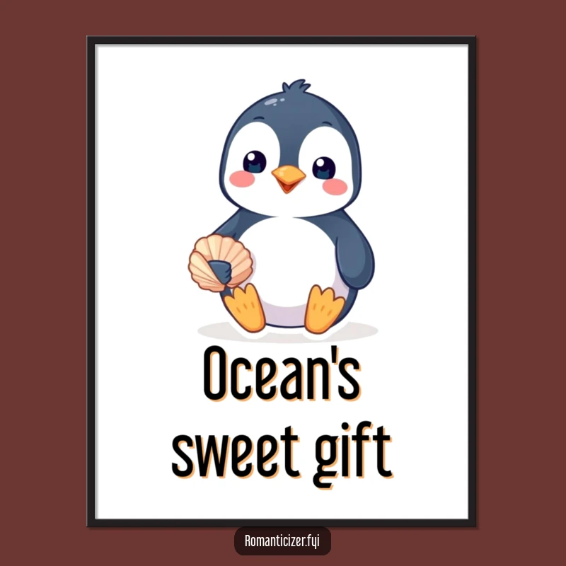 Funny Penguin Seashell Art Print - Instant Cute Gift for Lovers