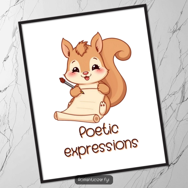 Funny digital art print, a squirrel humorously writing poetry with a quill on a scroll, depicting creative literary charm.