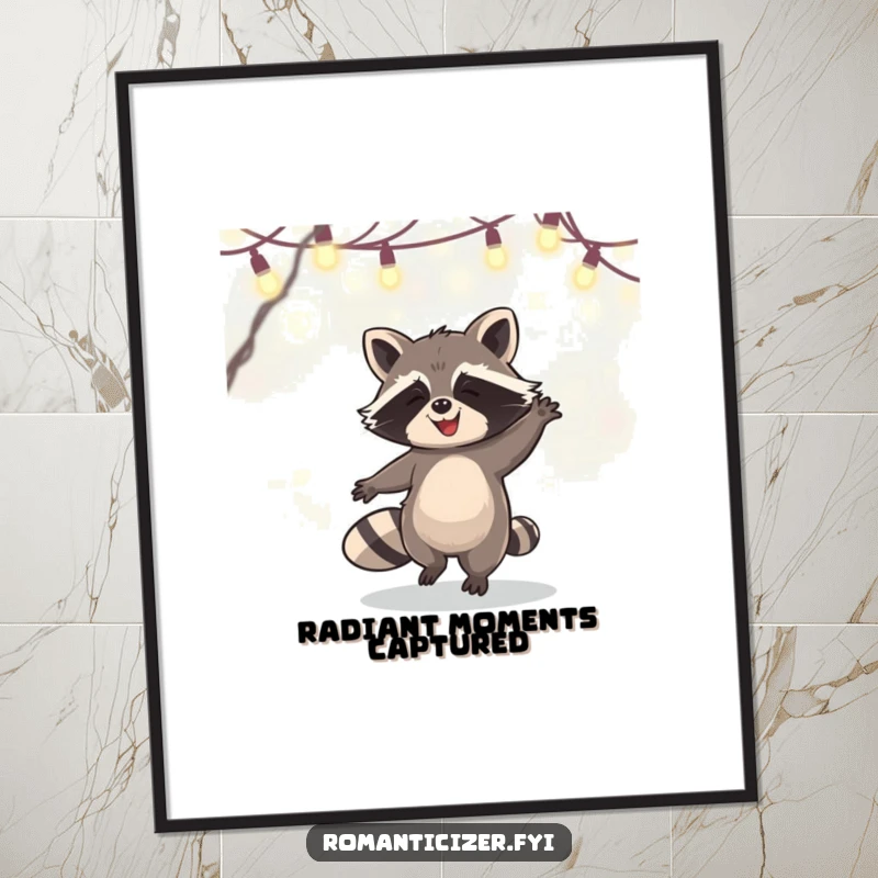 Funny Digital Art Print of a happy raccoon joyfully dancing under a whimsical display of glowing fairy lights, ready to be printed.