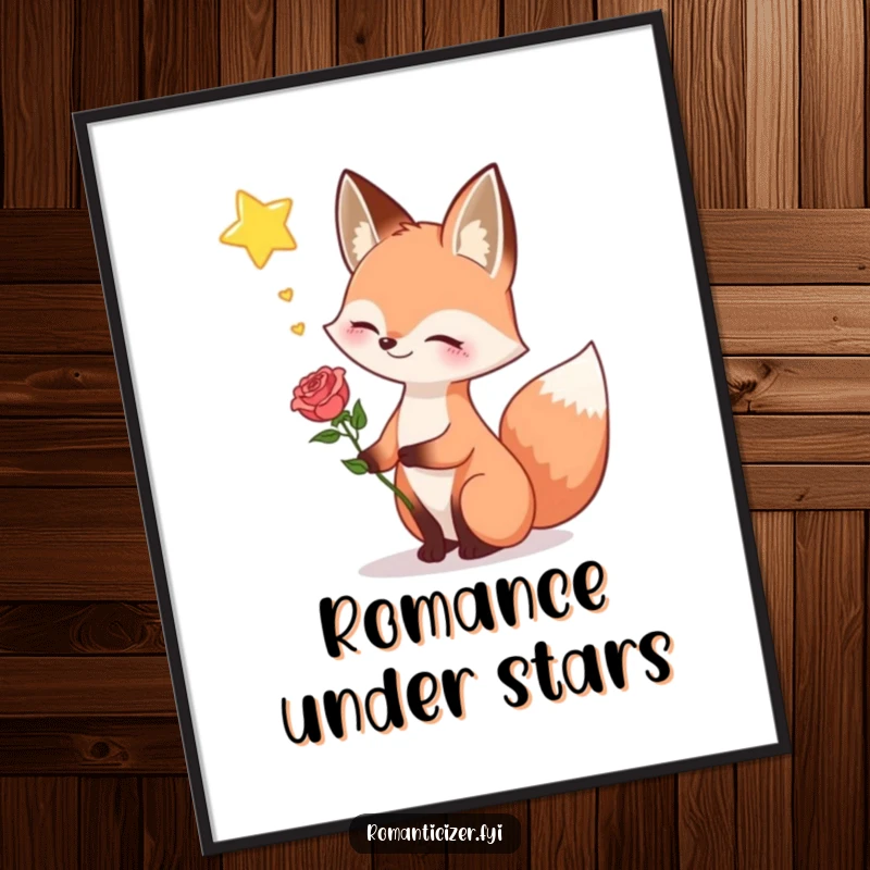 Funny fox digital art print, showing a happy fox holding a rose, sighing dreamily towards a star, perfect for romantic wall decor.