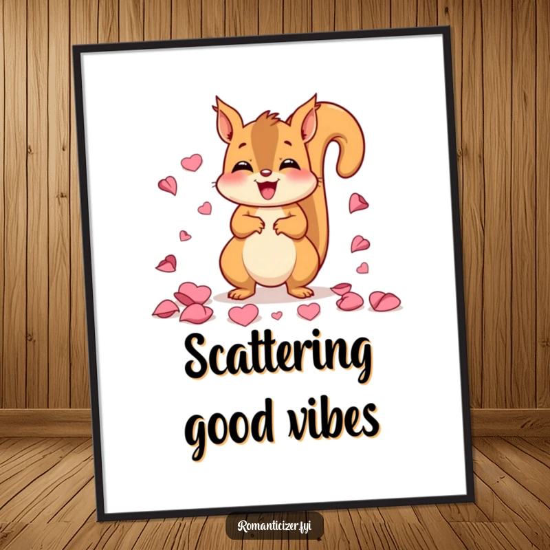 Funny digital art print of a happy squirrel joyfully scattering rose petals, bringing a humorous and delightful vibe to any room.