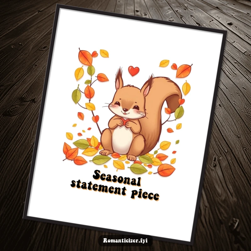 Funny squirrel digital art print showing a squirrel arranging fallen leaves into a decorative heart, ideal for immediate whimsical wall decor.
