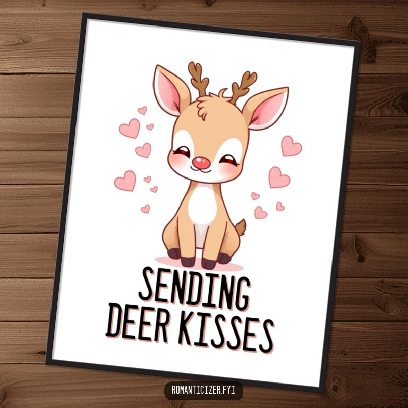 Funny deer kiss digital art print featuring a gentle deer blowing a kiss with tiny hearts, radiating love.