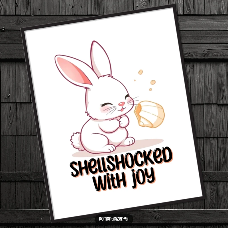 Funny Rabbit Digital Art Print of a curious rabbit listening with delight to a whispering seashell, full of wonder.